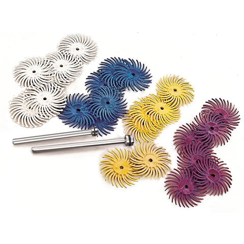 Radial Bristle Disc Assortment Kit, 3/4” dia., 6 each 80, 120, 220, 400 Grit - 1 each 3/32” and 1/8” Shank Mandrels M1 and M6