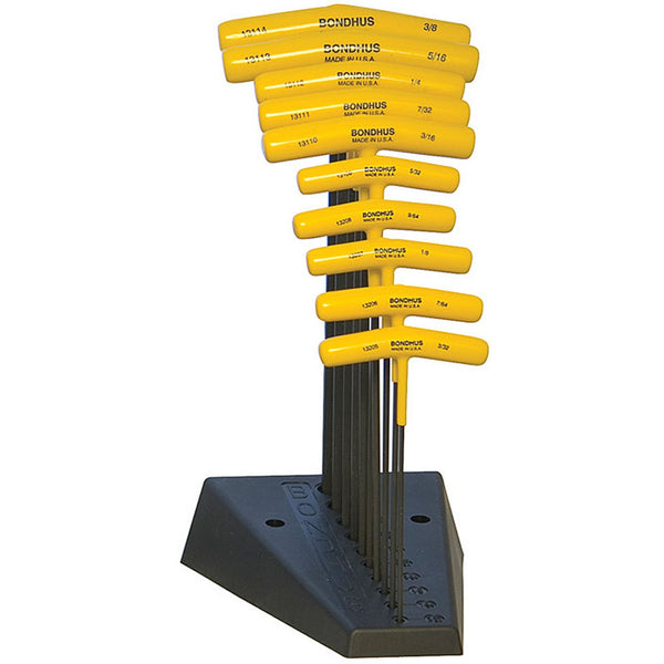 T-handle Set -Ball Tip Hex & Hex, w/Stand, 3/32”-3/8”, 10 Pc