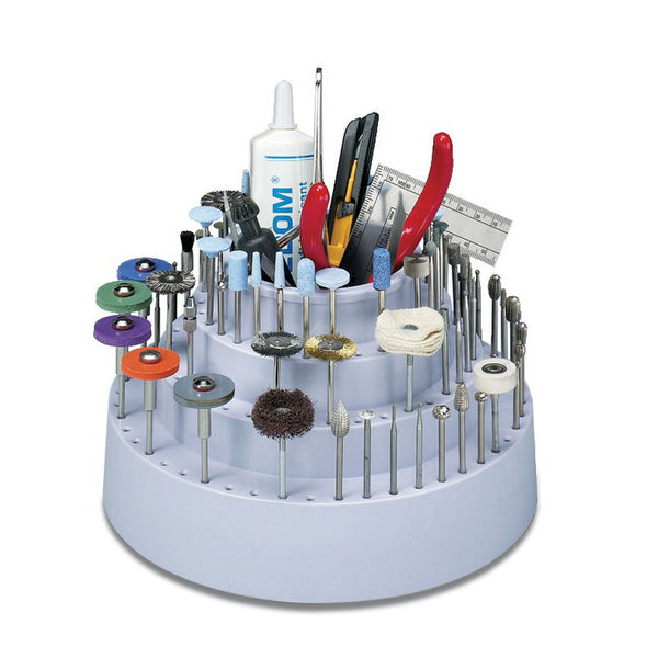 Bur Holder, Rotary, for 114 3/32” Shank Burs & 7 Drill Bits 1/16” - 5/32”, 3” deep x 2-3/4” dia. Cup