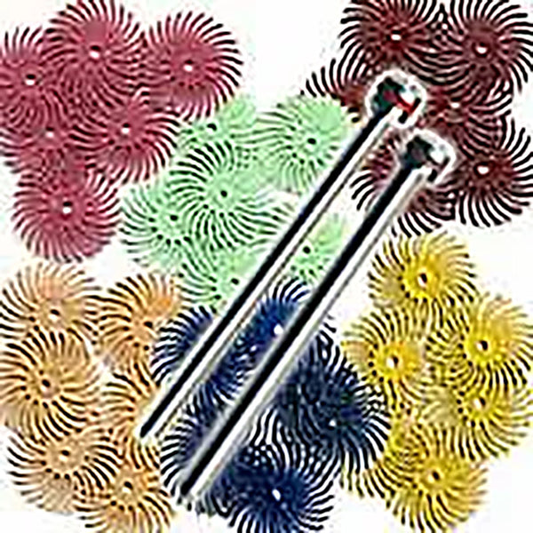 Radial Bristle Disc Assortment Kit, 3/4” dia., 6 each 80, 220, 400, 1,200, 3,000, 14,000 Grit & 1 each 3/32” & 1/8” Shank Mandrels M1 & M6