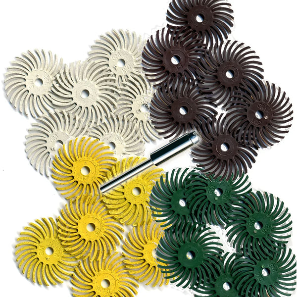Radial Bristle Disc Assortment Kit, 1” dia., 6 each 36, 50, 80, 120 Grit & 1 M20 1/8” Shank Mandrel