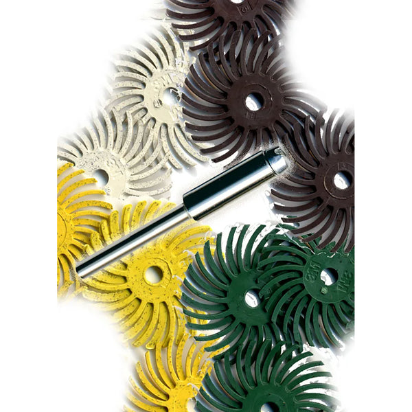 Radial Bristle Disc Assortment Kit, 1” dia., 3 each 36, 80, 120 Grit & 1 M20 1/8” Shank Mandrel